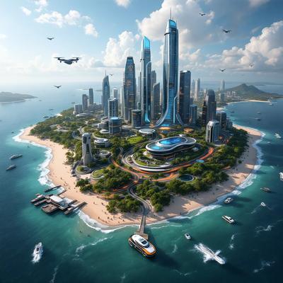 The primary subject of the image is a futuristic city built on a man-made island. The city is surrounded by water and features a mix of skyscrapers and other architectural structures. The setting is a large body of water, with the city island being the main focus of the scene. The visual style of the image is a combination of photo and digital art, creating a unique and imaginative representation of the city. The colors and mood of the image are vibrant and energetic, reflecting the
